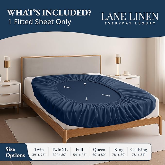 Lane Linen 100% Egyptian Cotton Twin XL Size Fitted Sheet Only (39"x81" + 15") - Elegant Sateen Weave, Ultra Soft, Breathable, Highly Durable, Deep Pockets Upto 17" - Estate Blue