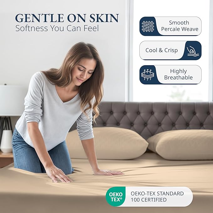LANE LINEN Fitted Sheet Full Size, 100% Organic Cotton, 3Pc Set (1 Fitted Sheet, 2 Pillowcases), Percale Weave, Full Bed Fitted Sheets, Ultra Soft, Fits Mattress Upto 15" Deep - Linen (No Flat Sheet)
