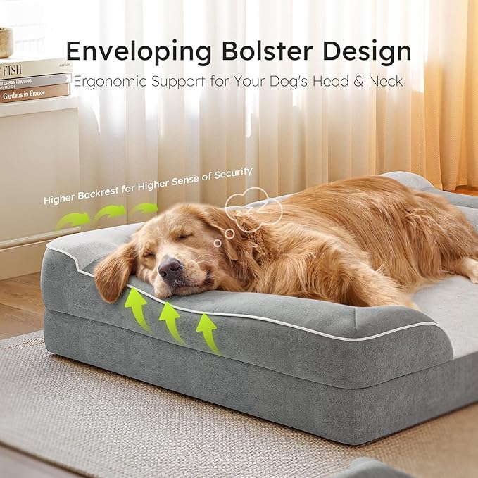 CWAWZ Dog Beds for Large Dogs, Orthopedic Pet Bed with Cooling Gel Memory Foam, Waterproof Large Dog Beds with Removable Washable Cover, 36" Pet Sofa Dutch Velvet with Blanket Bone Toy, Light Gray