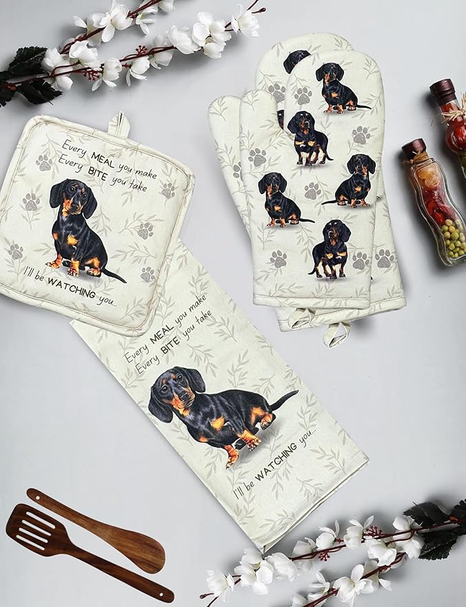 Dachshund 3-Piece Kitchen Set - Oven Mitt, Pot Holder & Kitchen Towel Set, Heat Resistant up to 420 F, Soft Quilted Cotton for Cooking, Baking, BBQ, Pet Lover Gifts (Dachshund Black)