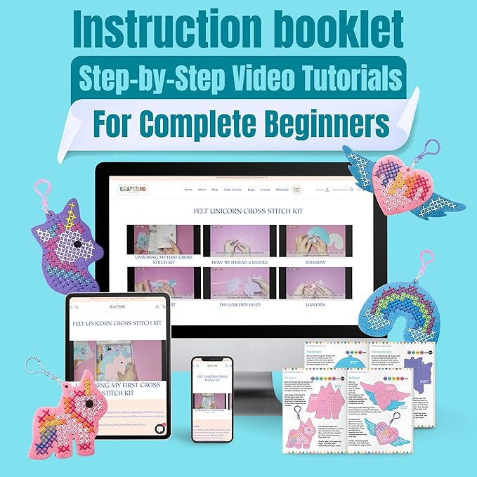 CRAFTILOO My First Cross Stitch Kit for Kids Ages 6–12 – Beginner Needlepoint Set with Pre-Cut Felt, Thread & Keyrings – Makes 4 Colorful Designs: Unicorn, Rainbow, Winged Heart