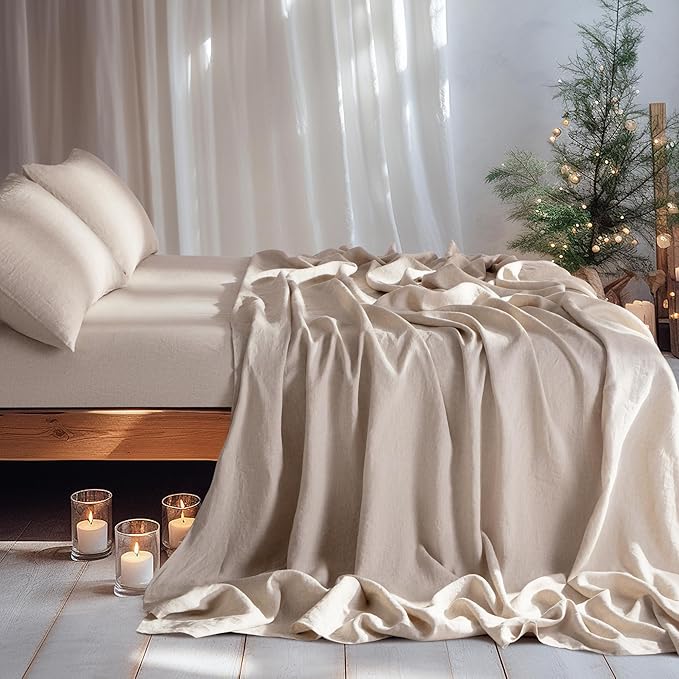 LBRO2M 100% Linen Sheet Set 19" Deep Pocket California King Size,Bed Sheets 4 Piece Sets,Solid Color Natural Flax Bed Sheets Soft Breathable Bedding,All Season (Clifornia King, Linen)