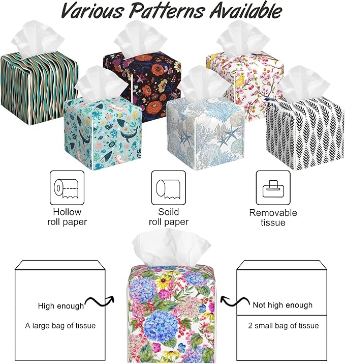 Summer Blooming Floral Tissue Box Cover,Hydrangea PU Leather Tissue Box Holder Square,Modern Home Decoration for Bathroom Living Room Kitchen Office Car,5.2"×5.2"×5.2"