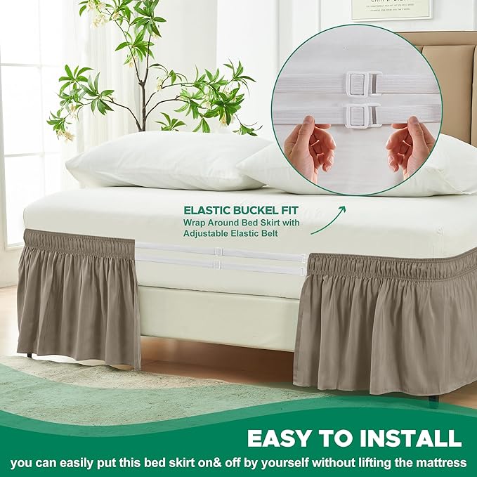 Biscaynebay Wrap Around Bed Skirts for Queen Beds 15" Drop, Taupe Adjustable Elastic Dust Ruffles Easy Fit Wrinkle & Fade Resistant Silky Luxurious Fabric Machine Washable