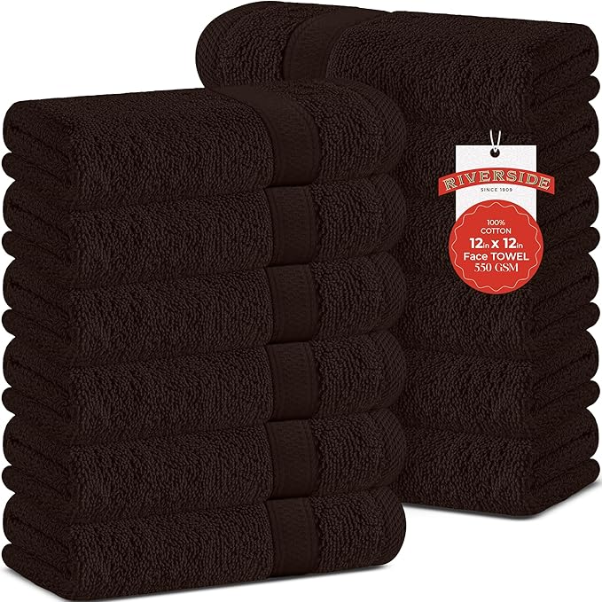 RIVERSIDE 12 Pack Premium 100% Cotton Face Wash Cloths, 12 x 12 Inches, Soft & Absorbent Face Towels for Bathroom Wash Clothes, 550 GSM, Luxury WashCloths for Showering, Body, Spa & Gym, Brown
