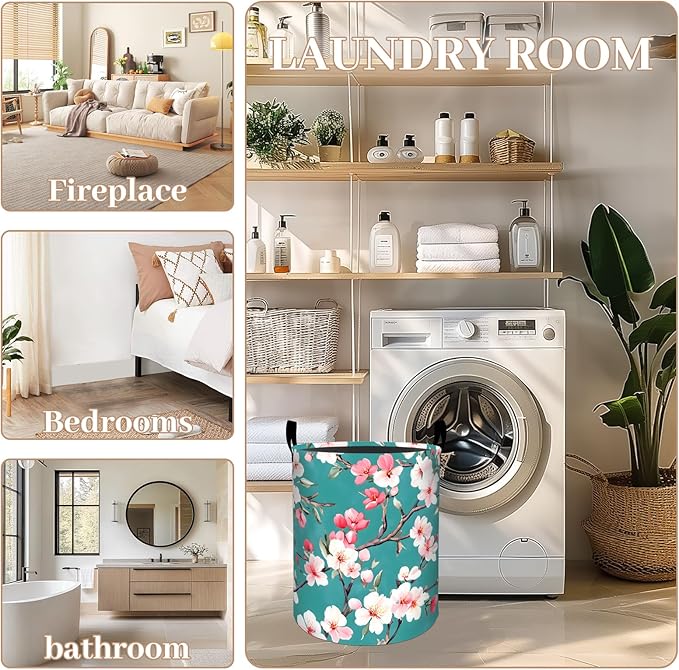 ainori Cherry Blossom Laundry Basket, Oxford Cloth Romantic Elegant Dirty Clothes Collapsible Hamper for Room Decor, Floral Botanical Print Gifts Toy Organizer 19.7*15.8 Inch for Bedroom Bathroom Dorm