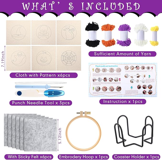 Yaomiao 6 Pcs Halloween Punch Needle Coaster Kit Punch Needle Embroidery Kits Craft Supplies with Patterns Yarns Tools Adhesive Felt Embroidery Hoop Instruction Holder for Adult DIY
