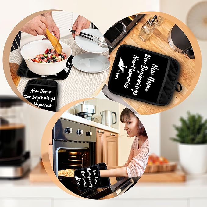 New Home Gifts Pot Holders with Pockets, Housewarming Gifts for Women Men, New Home Beginnings Memories Oven Pot Holders Heat Resistant Oven Mitts Hot Pads for Kitchen Baking Cooking