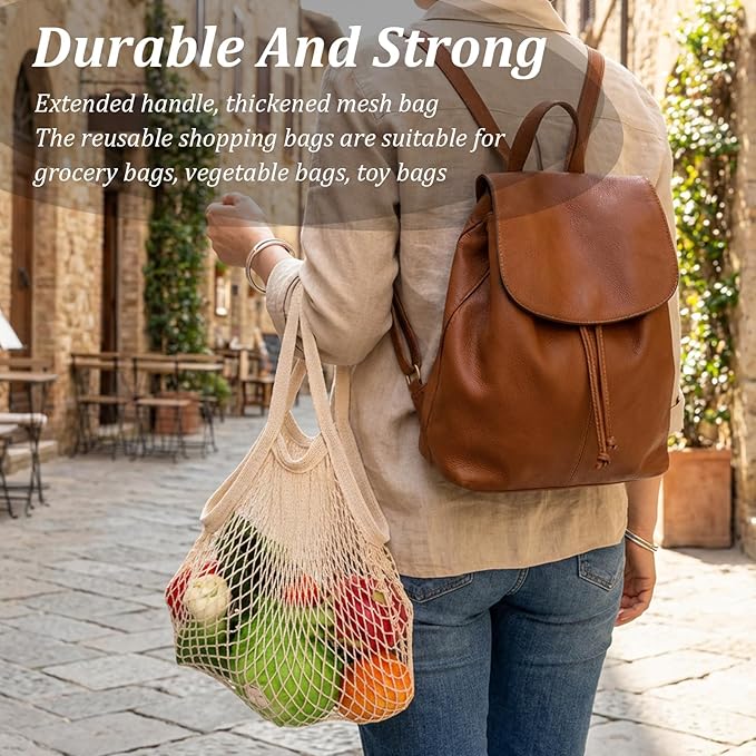Mabor 2-Pack Cotton Mesh Grocery Bags, Reusable & Foldable Net Produce Bags for Shopping, Beige & Black