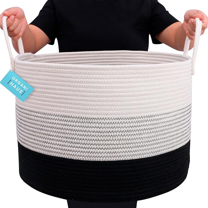 OrganiHaus Large Woven Storage Basket for Blankets and Toys 20" x 13" Inch, Rope Laundry Basket with Handles, Cushions & Pillows Storage Bin, Nursery Hamper, Soft Round Dog Toy Bin - Black/Off-White