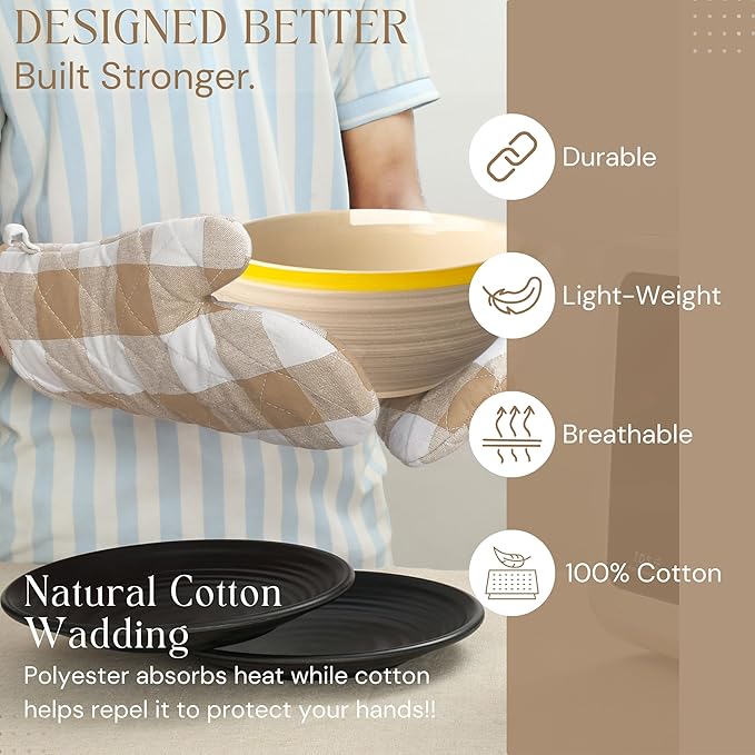 Buffalo Plaid Check Oven Mitts and Pot Holders Set, 100% Cotton, Heat Resistant, Includes 2 Oven Gloves (7x13 Inches) and 2 Hot Pads (8x8 Inches) for Cooking and Baking, Beige White
