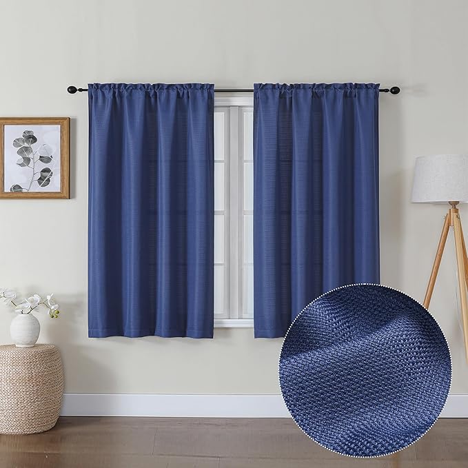 Lecloud Bessie Blue Curtains 45 Inch Length 2 Panels, Light Filtering Textured Short Curtains for Bedroom, Breathable Dual Rod Pocket Window Curtain Drapes for Basement, Each 30 W x 45 L