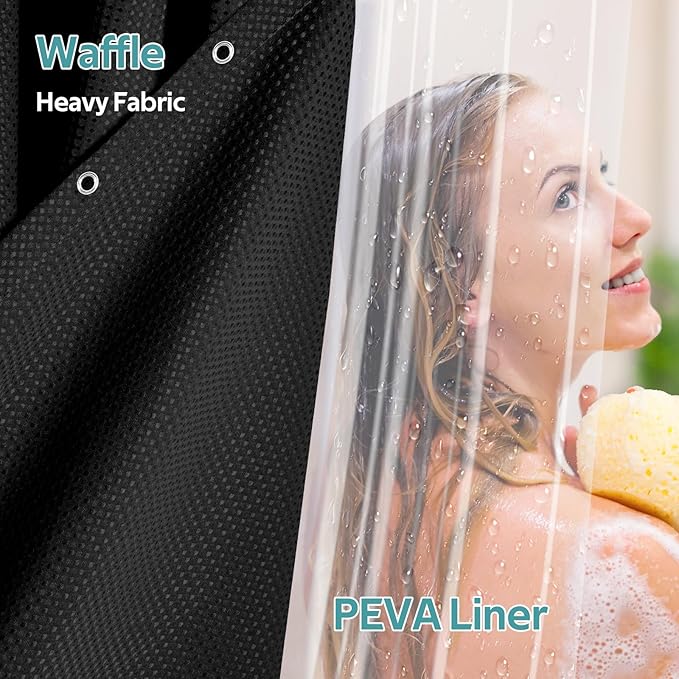 Vipfree 3 in 1 Shower Curtain Set, Waffle Shower Curtain and Liner Set with 6 Double Sided Shower Curtain Hooks, 258GSM Luxury Weighted Cloth Shower Curtains for Bathroom, 36 W x 72 H, Black