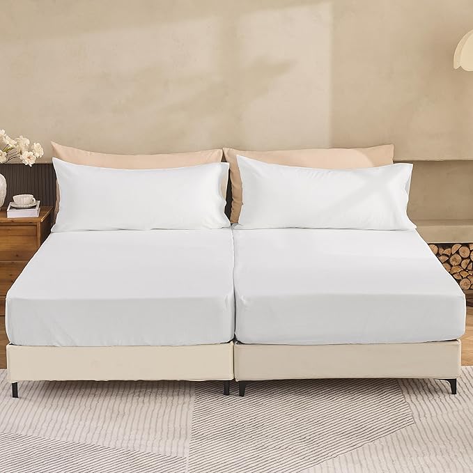 Simple&Opulence Belgian Linen Sheet Set Solid Color - 5 Pieces (1 Flat Sheet, 2 Fitted Sheets & 2 Pillowcases) Natural Flax Cotton Blend Soft Breathable Farmhouse Bedding - Split King Size, White