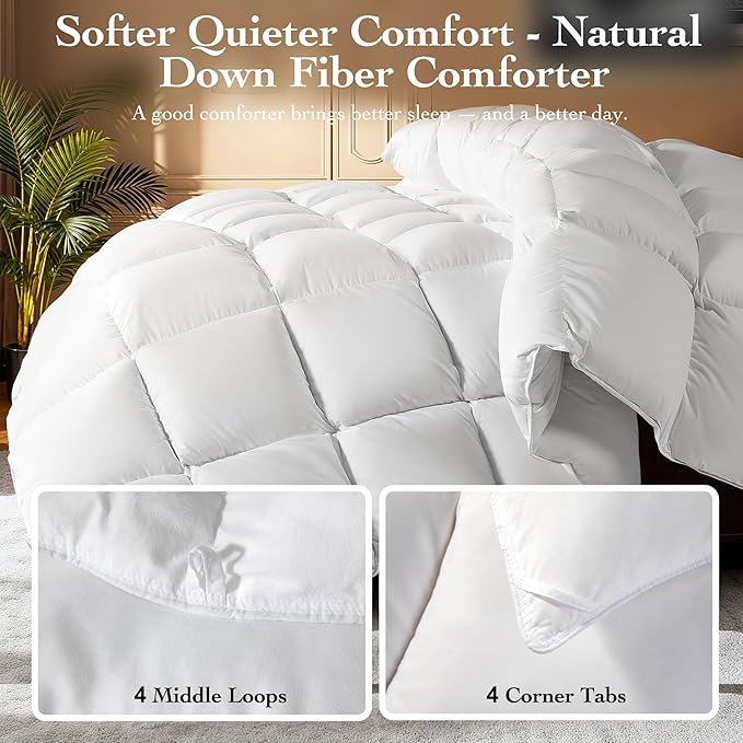 Goose Down Fiber Comforter King Size – All Season Naturally Breathable Down Comforters, Luxury Hotel Collection Duvet Insert with 8 Corner Tabs, Cotton Fabric & Baffle Box (White,65oz Fill)