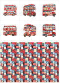 Patchwork Double-Decker Bus Cotton Fabric Panel – 6 Designs (10×10 inch Each) + Bonus Sheet 29.5×19.6 inch, 100% Cotton 140 GSM, Made in Türkiye