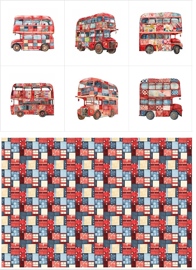 Patchwork Double-Decker Bus Cotton Fabric Panel – 6 Designs (10×10 inch Each) + Bonus Sheet 29.5×19.6 inch, 100% Cotton 140 GSM, Made in Türkiye