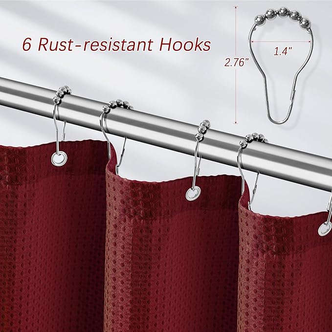 PANGSINNE Stall Burgundy Fabric Shower Curtain - Waffle Textured Small Heavy Duty Cloth Shower Curtains for Bathroom, 256GSM Narrow Hotel Spa Luxury Bath Curtain Set with 6 Hooks (36Wx72H, Burgundy)