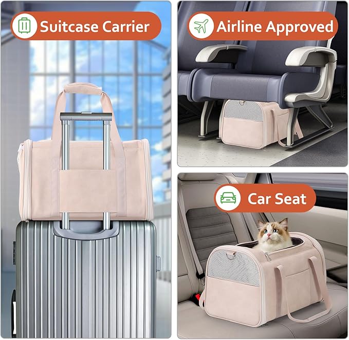 Lasaviin Fashion Leather Dog Carrier Cat Carrier Airline Approved Pet Carrier for Small Medium Dogs Cats Under 15Lbs, Collapsible Soft Sided Travel Puppy Carrier White