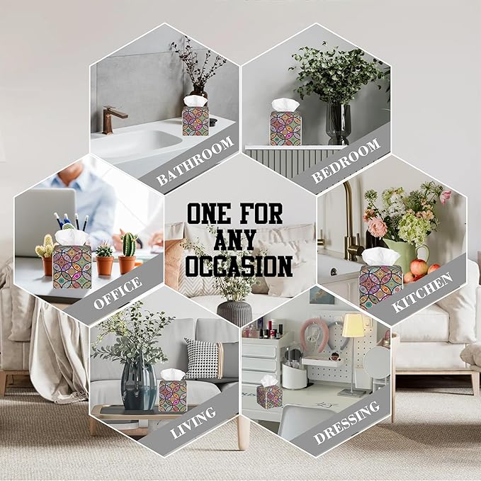 OHEGBXE Tissue Box Holder Abstract Mandela Floral Square Leather Tissue Box Cover Modern Cube Facial Paper Cover Case for Bathroom Vanity Countertop Night Stands Tabletop