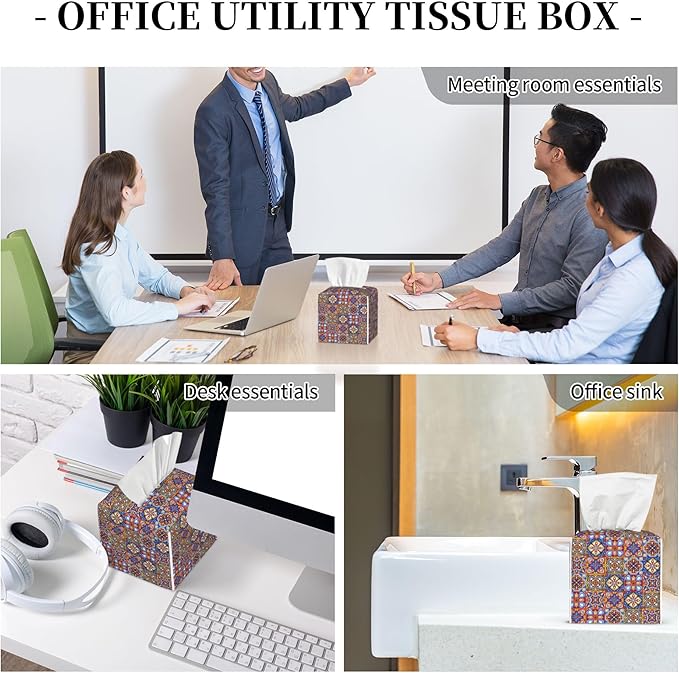 Mexican Talavera Ceramic Tile Tissue Box Cover Square, Retro Boho Flowers Tissue Box Holder Waterproof Leather Facial Paper Organizer Dispenser for Bathroom Home Car Nightstand Vanity Desk