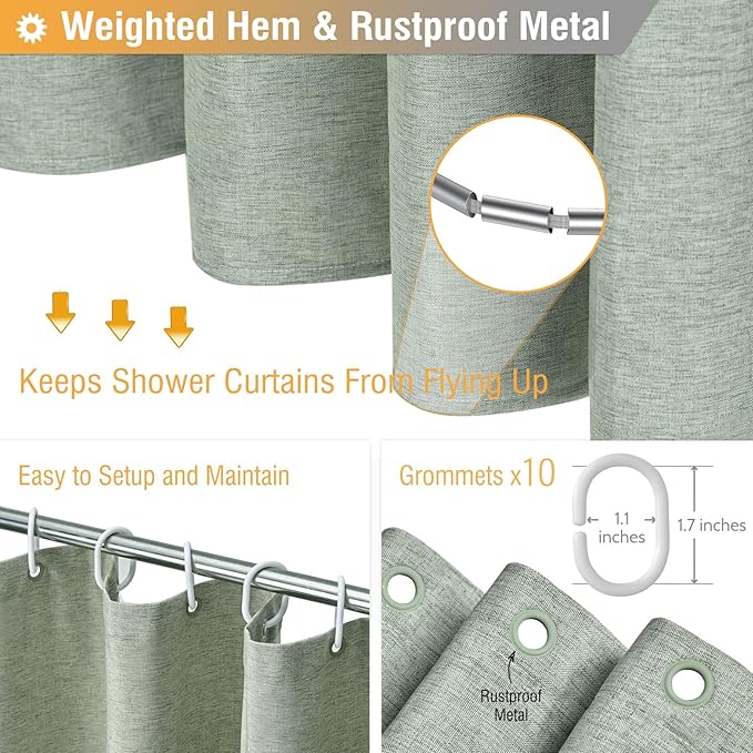 BTTN Stall Fabric Shower Curtain - 54x72 Inch Long Linen Textured Heavy Duty Shower Curtain Set with 10 Plastic Hooks, Hotel Spa Weighted Waterproof Neutral Bath Curtains for Bathroom - Sage Green