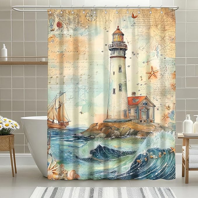 mutakin Nautical Shower Curtain Coastal Lighthouse Shower Curtains for Bathroom Waterproof Fabric Bath Curtain Decor with Hooks