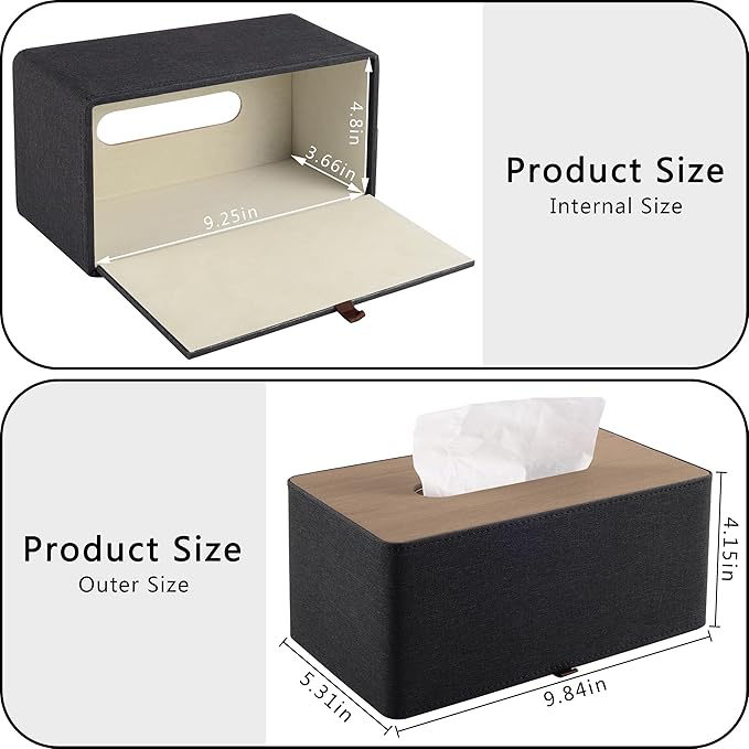 RHCSZ High-end Pu Leather Tissue Box Holder Two Color Combination-Linen and Wood Grain,Rounded Rectangle Napkin Paper Case Dispenser for Home Bathroom Dresser Offices Car Tissue Cover (Black)