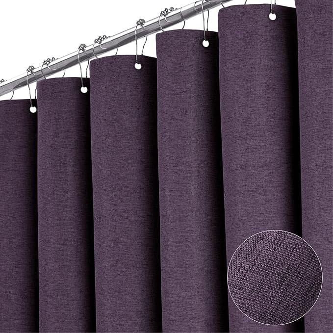BTTN Extra Long Shower Curtain, 72x96 Inch Long Linen Textured Heavy Duty Fabric Shower Curtain Set with 12 Plastic Hooks, Tall Decorative Neutral Waterproof Cloth Shower Curtain for Bathroom, Purple