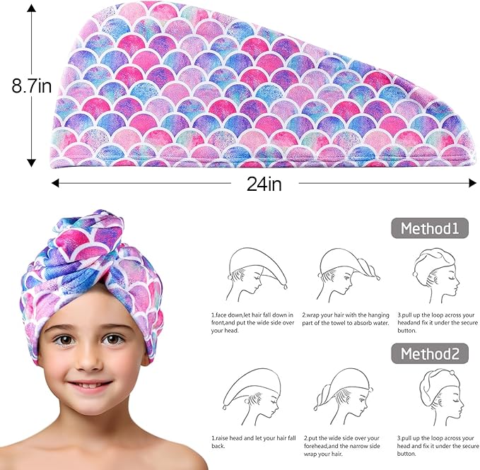 MADHOLLY Microfiber Hair Towel for Kids Gift - Soft Super Absorbent Rapid Drying Hair Towel Wrap Turban for Girls Women with Button, Anti-Frizz for Thicker Curly Long Hair, 2Pack