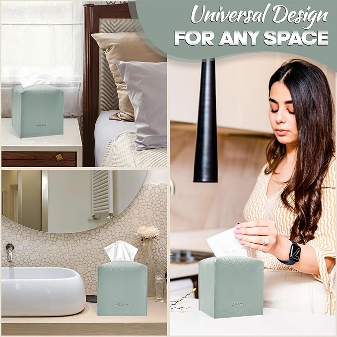 Tissue Box Cover Holder, PU Leather Tissue Box Cover Square with Bottom Belt, Cube Tissue Holder for Bathroom, Modern Organizer for Car, Office, Tabletop (Sky Blue, 14 Leather Patterns)