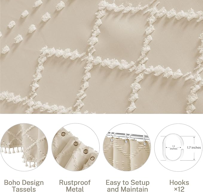 Siiluminisoy Small Stall Boho Shower Curtain Cream/Beige Tassle Woven Fabric Shower Curtain 36 x 72 Half Size Tufted Chevron Striped Textured Modern Farmhouse Minimalist Cloth for Bathroom