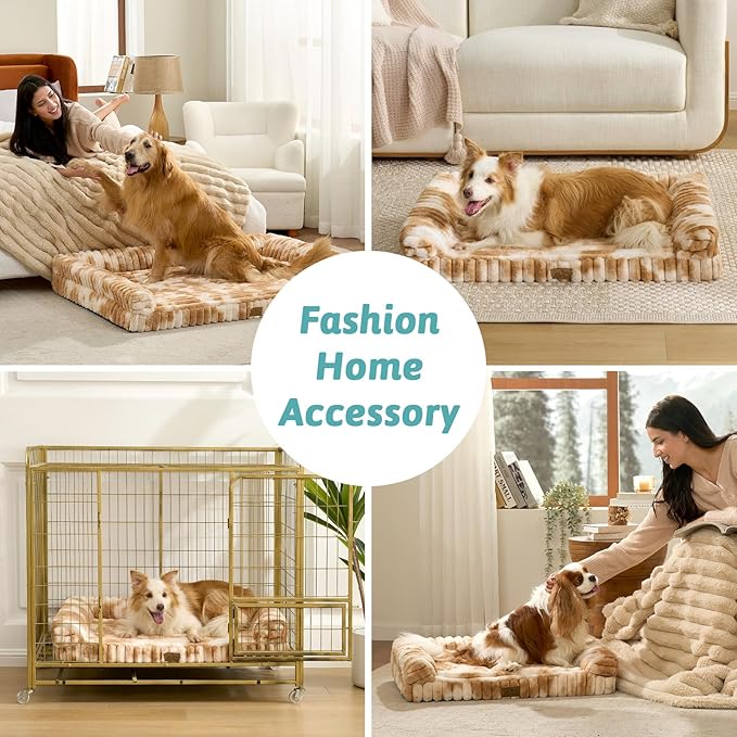 COZY KISS Cute Dog Bed for Extra Large Dogs, Faux Rabbit Fur Orthopedic Dog Bed with Sides, Removable Washable Cover & Waterproof Lining, Comfortable Pet Couch, Tie-Dye Brown (48" L x 35" W x 7.5" Th)