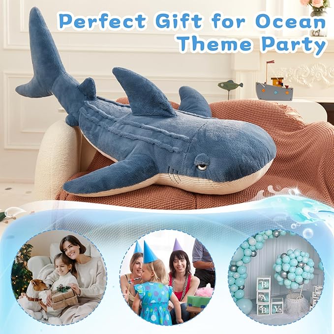 Tezituor 51inches Giant Whale Shark Stuffed Animal, 4.3ft Large Blue Stuffed Whale Shark Plush Body Pillow for Girls Boys, Realistic Plush Toy Christmas Birthday Ocean Theme Gift for Kids Adults