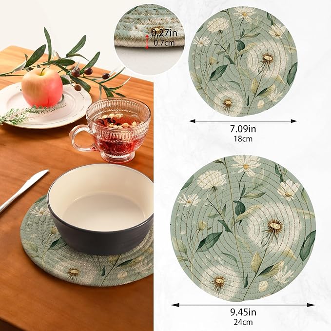 Sage Green Dandelions Trivets for Hot Dishes Pots and Pans Potholders Woven Trivet Cotton Round Large Pot Holder Decor Heat Resistant Hot Pads Mat for Table Counter Cooking Potholder Set of 2 (