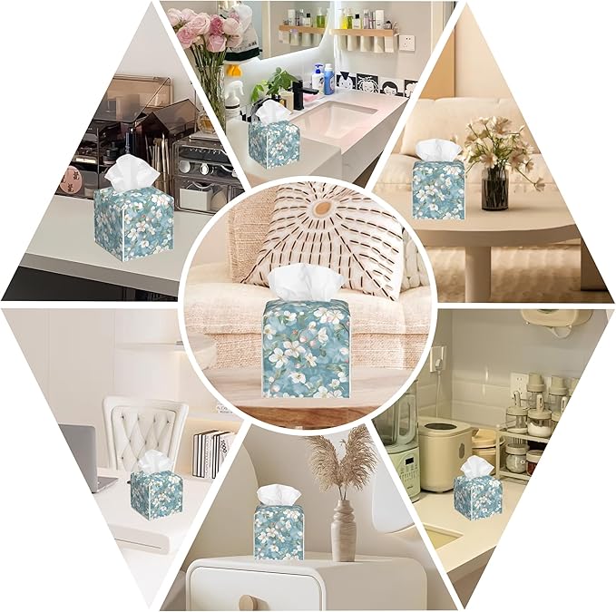BLYKVGHQ Abstract Blooming Flower Tissue Box Cover Square, Tissue Box Holder with Bottom Belt Leather Facial Paper Organizer Dispenser for Bathroom Bedroom Dresser Night Stand Tabletop