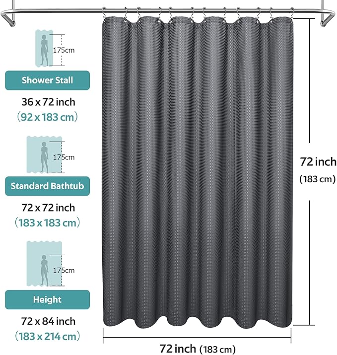 Vipfree 3 in 1 Shower Curtain Set, Waffle Shower Curtain and Liner Set with 12 Double Sided Shower Curtain Hooks, 258GSM Luxury Weighted Cloth Shower Curtains for Bathroom,72 W x 72 H,Graphite Gray