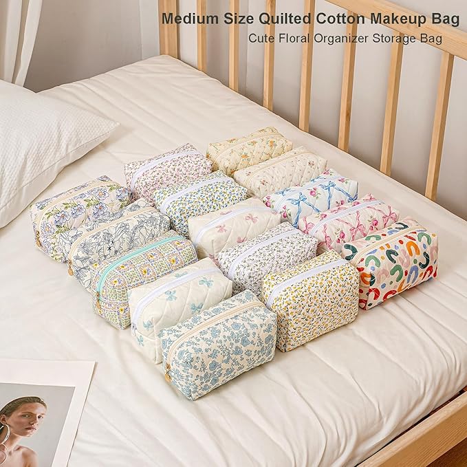 Gleyemor Small Quilted Makeup Bag for Women, Cute Floral Bow Cosmetic Bag, Emergency Bag Travel Toiletry Cotton Pouch Gifts for Girls Her Mom Friend Sister Bridesmaid (Green-Blue)
