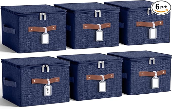 Fiwochic 6 Pack Fabric Storage Bins with Lids and Label, 10×8×7Inch Foldable Cotton Linen Cute Storage Boxes with PU Leather Handles for Closet, Bedroom, Shelf, Nursery, Dark Blue