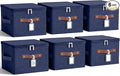 Fiwochic 6 Pack Fabric Storage Bins with Lids and Label, 10×8×7Inch Foldable Cotton Linen Cute Storage Boxes with PU Leather Handles for Closet, Bedroom, Shelf, Nursery, Dark Blue