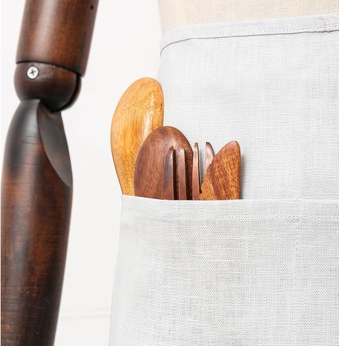 100% Linen Bistro Half Apron, Waist Apron With 2 Pockets For Women Men Waitress Server Cooking Kitchen Restaurant