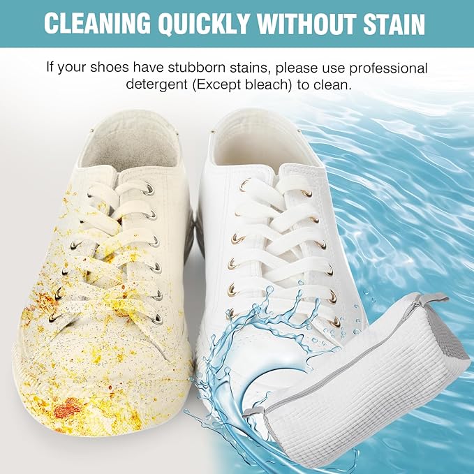 2 Pcs Shoe Washing Machine Bags with 4 Adjustable Shoe Trees, XXL Laundry Bags for Washer and Dryer, Sturdy Zipper with Hook Design, Reusable Cleaning Bag for Sneaker, Tennis (White)