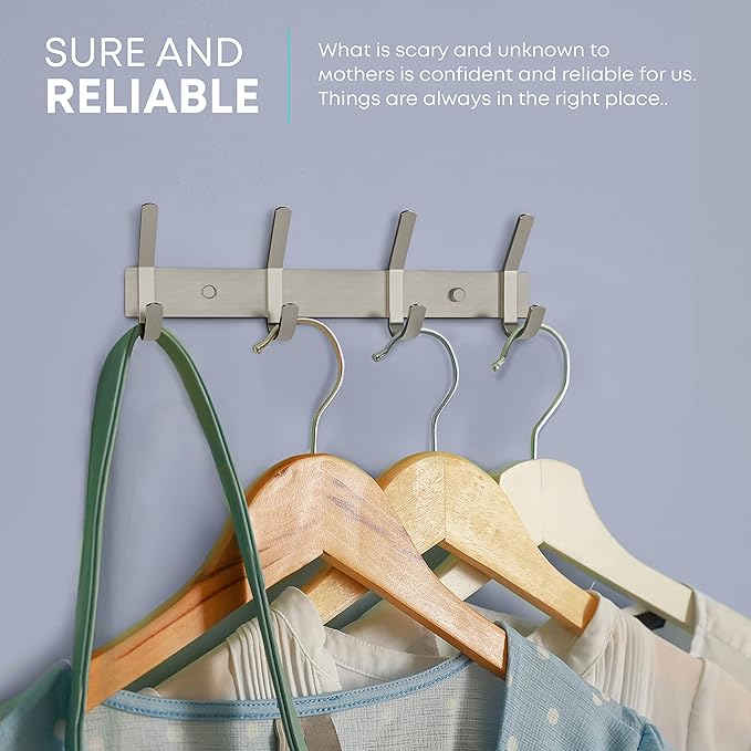 SAYONEYES Brushed Nickel Coat Rack Wall Mount with 4 Double Hooks for Hanging – 12 Inch Heavy Duty SUS304 Stainless Steel Rustic Coat Hooks – Clothes, Purse, Towel Wall Hooks – 2 Pack