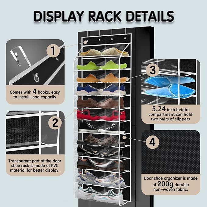 Kotkn Over The Door Shoe Organizer with 12 Large Breathable Pockets - Heavy Duty Hanging Storage for Adult, Kids & Baby Shoes - Black
