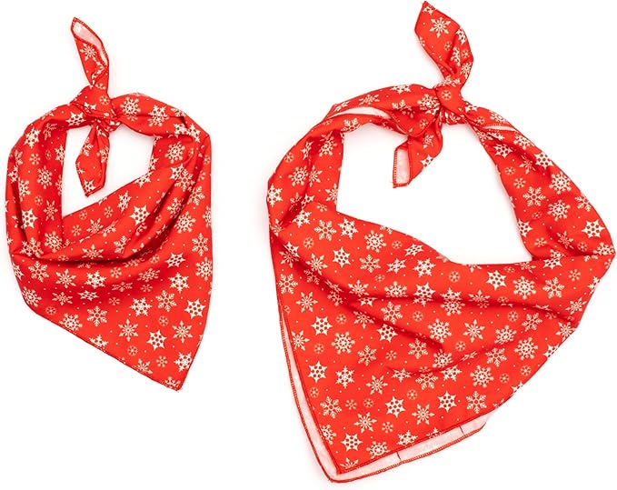 THE WORTHY DOG Classic Tie-On Dog Bandana – Soft Cotton Flannel Square Pet Bandana, Let it Snow Pattern, Red, Small