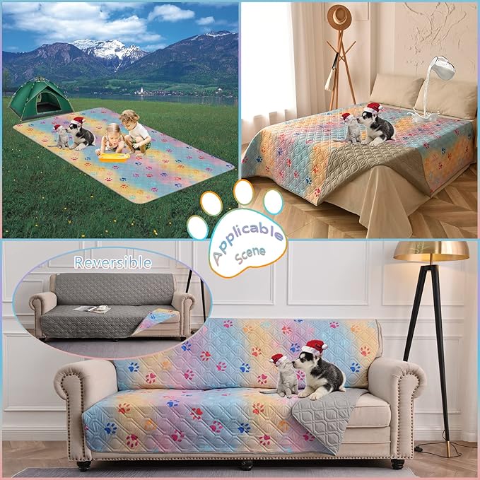Topthumbs 100% Waterproof Dog Bed Cover 52x82 inch Reversible Changing Pad Reusable Camping Mat for Kids/Pet/Dog/Cat Washable Geometric Embroidery Blanket Patchwork Rainbow Dog Paw Printed+Gray