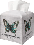 Butterfly Decorative Tissue Box Cover Square, Wood Pattern Leather Tissue Box Cover Holder, Bible Verse Inspirational Gift Ideas for Friends, Bathroom Office Desk Decor-(5.2 Inches)