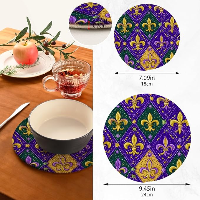 Boccsty Fleur De Lis Lilyes Trivet Mat 2PCS Mardi Gras Round Woven Potholders Kitchen Table Countertop Protector Hot Pads Farmhouse Coasters Counter Mats for Cooking Baking