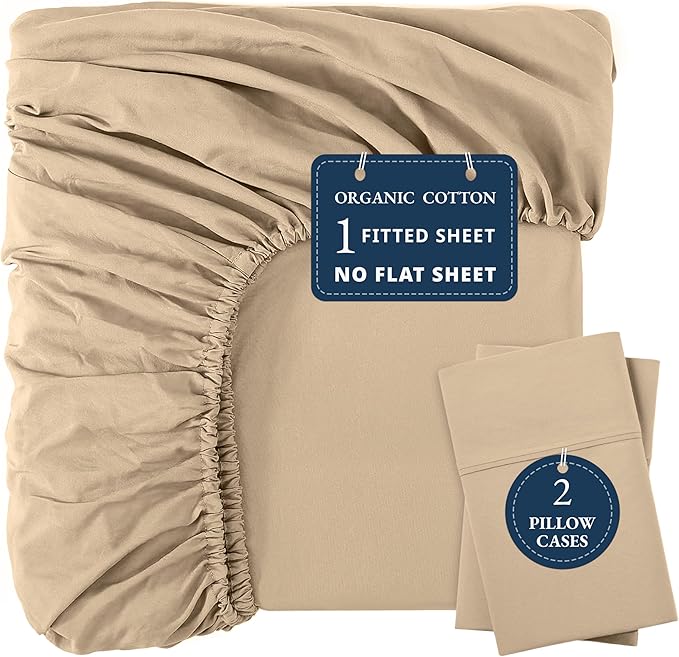 LANE LINEN Fitted Sheet Full Size, 100% Organic Cotton, 3Pc Set (1 Fitted Sheet, 2 Pillowcases), Percale Weave, Full Bed Fitted Sheets, Ultra Soft, Fits Mattress Upto 15" Deep - Linen (No Flat Sheet)