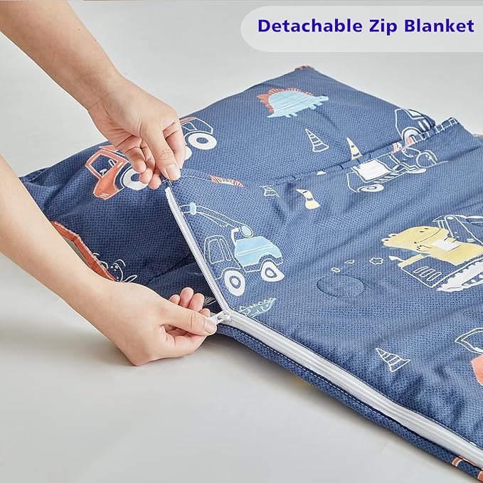 Cotton Toddler Nap Mat with Zipper,Detachable Minky Blanket and Removable Pillow,Soft Slumber Bags for Boys,Kids Sleeping Bag for Daycare Preschool Kindergarten,Dinosaur Navy Blue